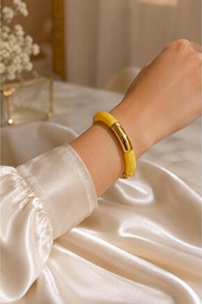Sarı Gold Detaylı Esnek Kadın Bileklik