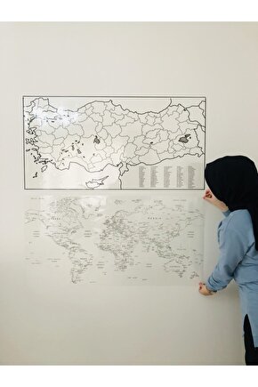Türkiye Ve Dünya Haritası Yazı Tahtası Akıllı Kağıt Tahta Statik + Kalem