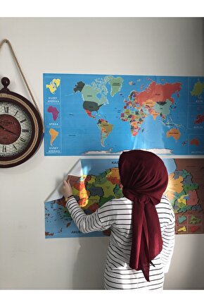 Dekoratif Tablo Eğitici Türkiye Ve Dünya Haritası Set Çocuk Duvar Yazı Tahtası Kağıt Tahta 118x56 Cm