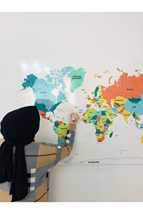 Dünya Haritası Akıllı Kağıt Tahta Yazı Tahtası Özel Baskı Renkli + Yazı Tahtası Kalemi 1 Adet