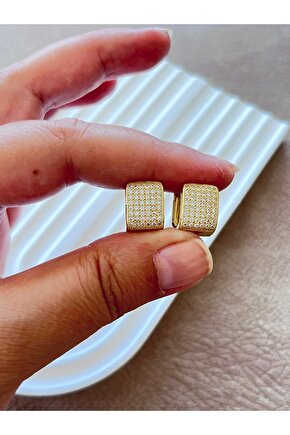 Gold renk taşlı çelik kare küpe