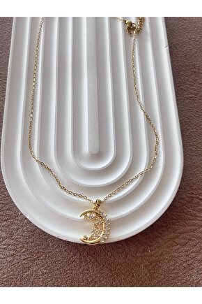 Ay detaylı gold Çelik kolye