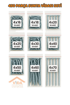 VİDA HANE AĞAÇ VE SUNTA VİDASI SETİ 450 PARÇA  9 ÇEŞİT VİDA - (4X16 - 4X70MM)