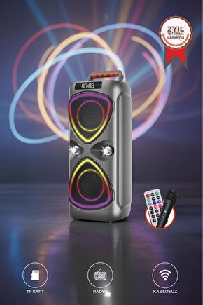 Bluetooh Hoparlör Mikrofonlu Led Işıklı Parti Speaker D78 Gri