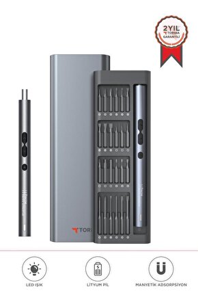 Şarjlı Hassas Tornavida Seti 48 Parça Type-C Şarjlı Led Işıklı Mıknatıslı Alüminyum Kasa TTS04 Gri