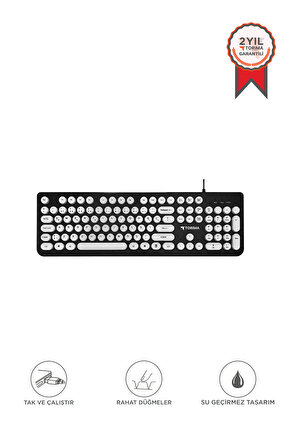 Kablolu Q Klavye Retro Daktilo Görünümlü TK09 Siyah Beyaz