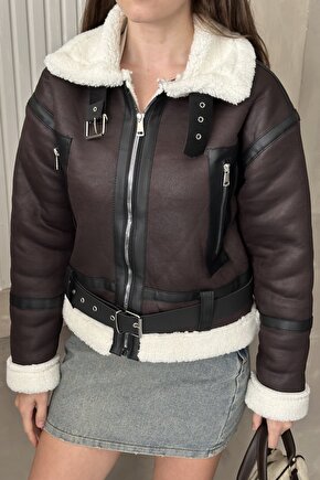 Kadın İçi Kürk Detaylı Kemerli Deri Mont - Kışlık Biker Peluş Astarlı Deri Ceket