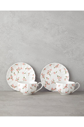 Cordelia New Bone China 4 Parça 2 Kişilik Çay Fincanı Takımı 220 ml Beyaz - Pembe