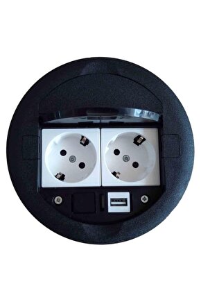 Masa Üstü Priz Kutusu Gömme Tip Siyah + 2 Ad. Priz + 1 Ad. USB Geçiş