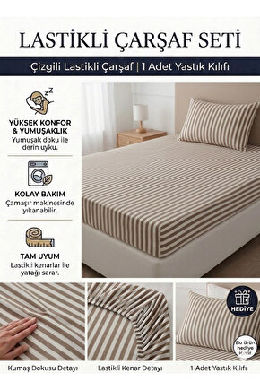 100x200cm Çizgili Tek Kişilik Pamuklu Lastikli Çarşaf ( Yastık Kılıfı 50x70cm HEDİYELİ )