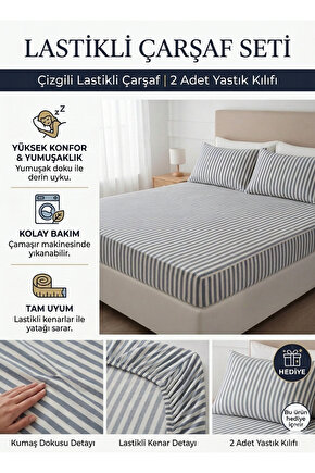 160x200cm Çizgili Çift Kişilik Pamuklu Lastikli Çarşaf ( Yastık Kılıfı 50x70cm HEDİYELİ )