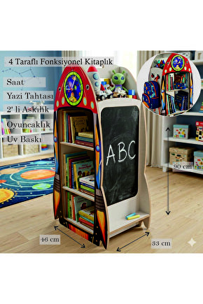 Roket Modelli Gerçek Saatli 4 Taraflı Yazı Tahtalı Askılıklı Montessori Kitaplık ve Oyuncak kutusu