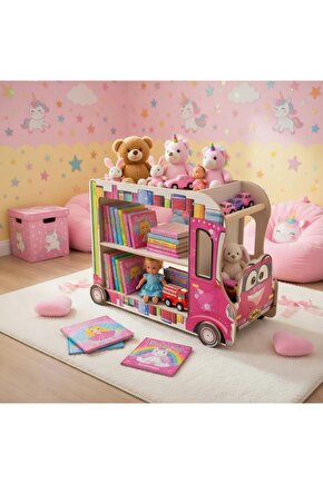 Montessori Dekoratif Çocuk Odası Kitaplığı ve Tekerlekli Oyuncak Kamyonu Pembe