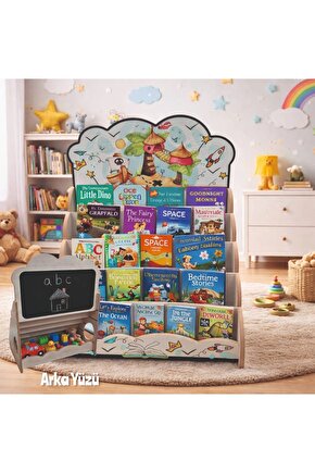 Montessori Yazı Tahtalı Hayal Dünyası Temali 5 Raflı Kitaplık ve Oyuncak Saklama Yerli