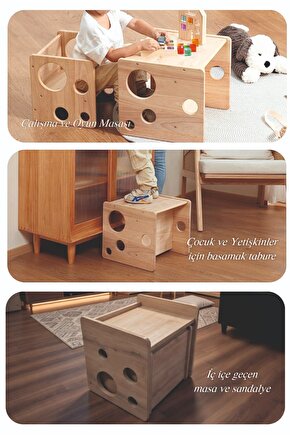 Okul Öncesi Montessori Aktivite Çalışma Masası Takımı ve Basamaklı Tabure Çok Amaçlı