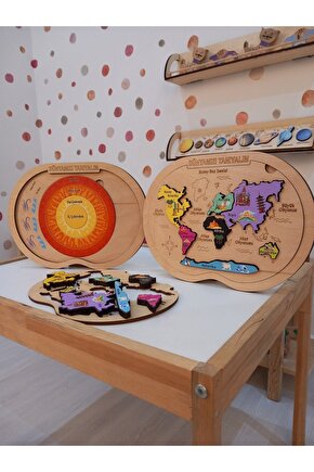 Dünyanın Katmanları Renkli Kıtalar ve Okyanuslar ve Puzzle