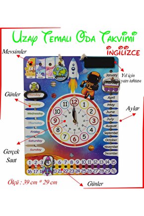 Çocuk Odası Ingilizce Gezegen Temalı Gerçek Saatli Duvar Takvimi