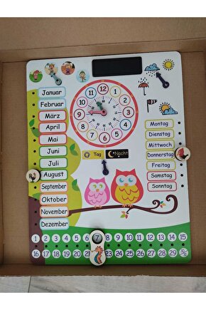 Montessori Almanca Ahşap Saatli Eğitici Takvim Günler, Aylar, Mevsimler, Hava Durumu, Rakamlar