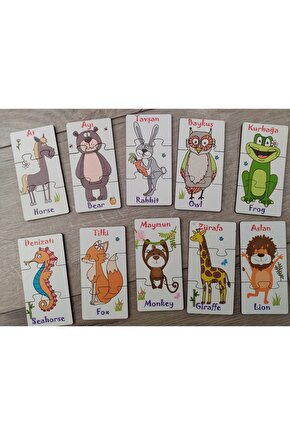 Hayvanlar 3lü Ahşap Renkli Puzzle 10 Parça