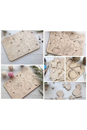 Montessori Boyanabilir 3lü Puzzle Seti Hayvanlar Meyveler Ve Sebzeler Doğal Ahşap