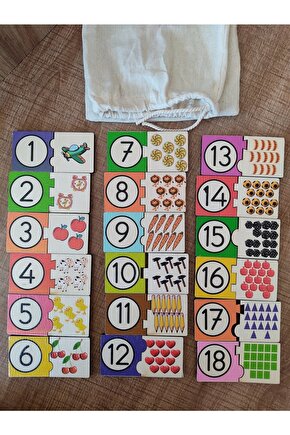 Montessori Renkli Sayı Ve Miktarları Eşleştirme Ahşap Puzzle 18 Rakam