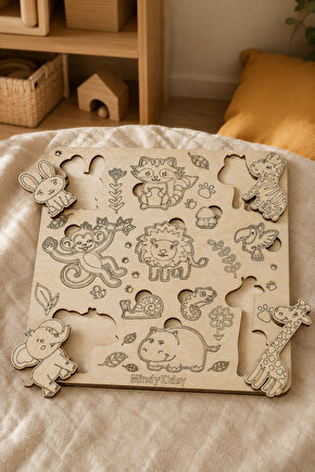 Ahşap Hayvan Figürlü Doğal Yapboz | Montessori Eğitici Puzzle Oyuncağı