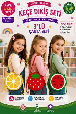 3 lü Eğitici Keçe Dikiş Çanta Seti – Çocuklar İçin El Becerisi Geliştirici DIY Çanta Yapım Kiti