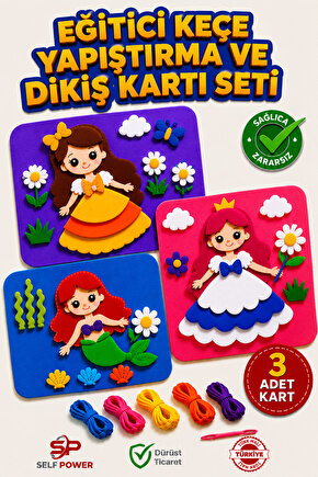 Eğitici Keçe Yapıştırma ve Dikiş Kartı Seti 3 Adet Kart Çocuk El Becerisi Geliştirici Aktivite Oyuncağı