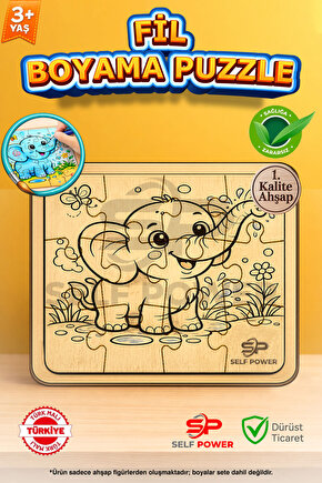AHŞAP FİL BOYAMA PUZZLE BOYA VE FIRÇA DAHİL