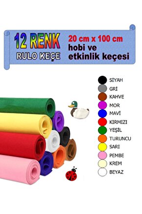 12 Adet 100 cm x 20 cm Hobi ve Etkinlik Keçesi 12 Farklı Renkte