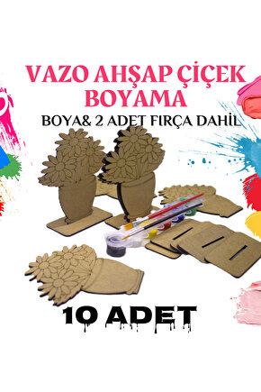 10lu Vazolu Çiçek Ahşap Oyuncak Aktivite Karne Hediyesi Yaz Okulu Etkinlik KREŞ Boyama seti dahil