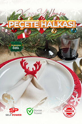 12lİ Kırmızı Keçe Dekoratif Yılbaşı Sofra Sunum Peçete Halkası Peçete Yüzüğü