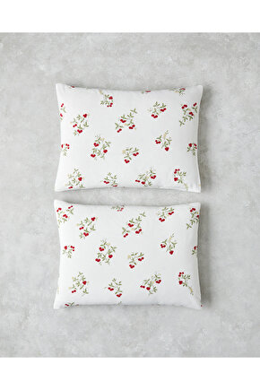 Cherry Blossom Kolay Ütülenir 2li Yastık Kılıfı 50x70 cm Beyaz - Kırmızı