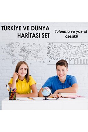 Dünya Ve Türkiye Haritası Seti Kağıt Tahta - Doldurulabilir Silgili Kalem Hediye
