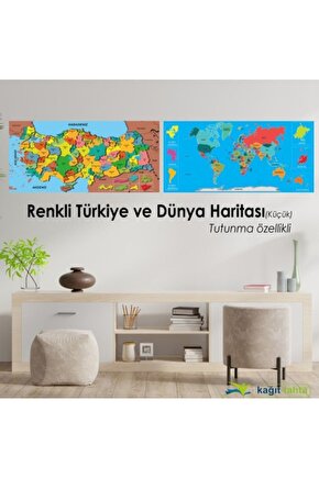 56x118 cm Renkli Dünya Ve Türkiye Haritası Seti Kağıt Tahta