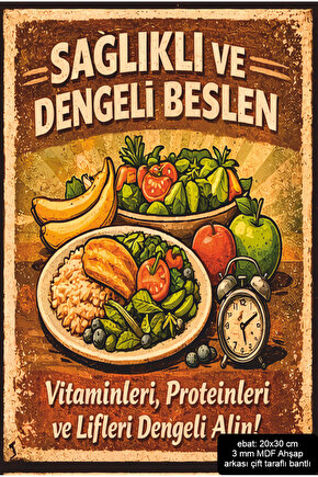 sağlıklı ve dengeli beslen diyet dekorasyon mdf tablo retro ahşap poster pano