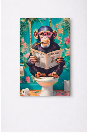 banyo tuvalet wc klozetteki gazete okuyan maymun mdf tablo ahşap poster