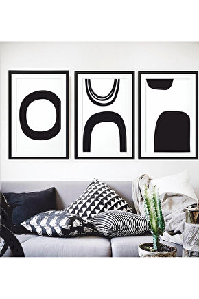 siyah beyaz minimalist geometrik şekiller 3 parça çerçeve görünümlü mdf tablo seti salon antre
