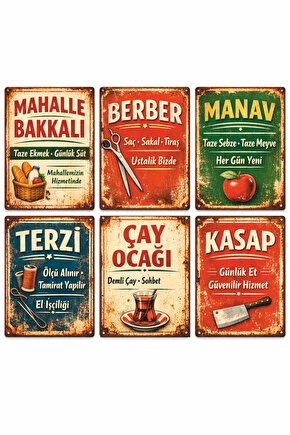 eski nostaljik mahalle esnafı 6 parça mdf tablo seti bakkal berber kasap manav retro ahşap poster