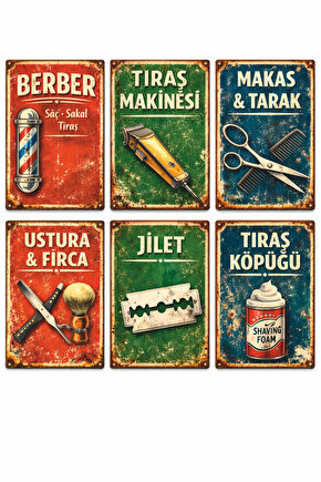 eski nostaljik mahalle serisi 6 parça berber dükkanı dekorasyonu mdf tablo retro ahşap poster seti