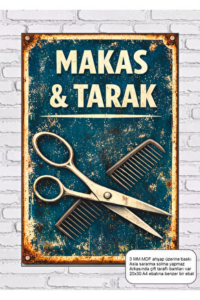 eski nostaljik mahalle esnafı berber makas tarak mdf tablo retro ahşap poster