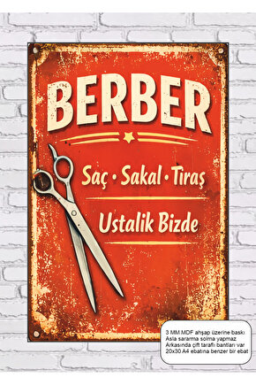 eski mahalle nostalji serisi berber dükkanı mdf tablo retro ahşap poster
