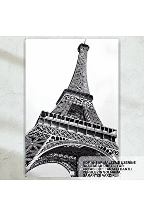 fransa paris eyfel kulesi siyah beyaz fotoğraf retro ahşap poster tablo