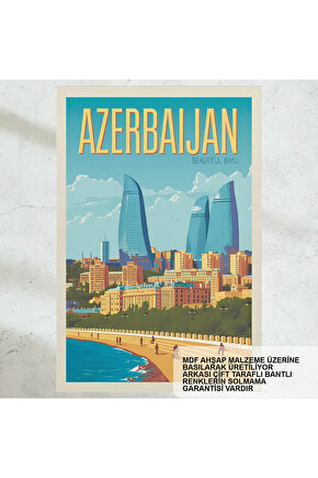 azerbeycan bakü dünya gezi şehirleri turistik illüstrasyonu ev dekorasyon tablo retro ahşap poster