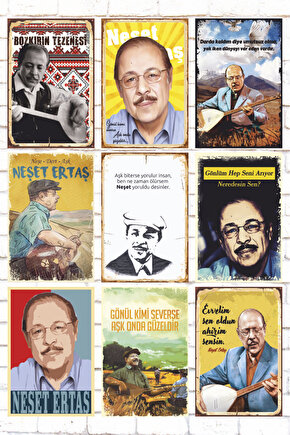 9 Parça Karışık Ahşap Tablo Seti neşet ertaş halk türküleri şarkıları retro ahşap poster seti