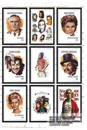 9 Parça Karışık Yazılı Ahşap Tablo Seti türk sineması yeşilçamın sevilen oyuncuları serisi poster