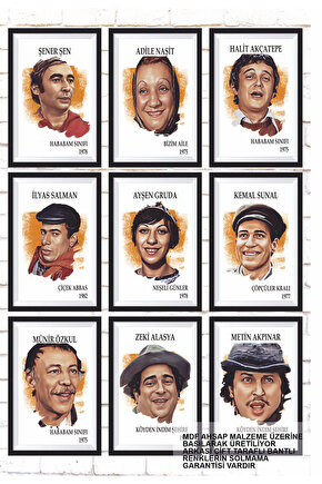 9 Parça Karışık Yazılı Ahşap Tablo Seti yeşilçam türk sinemasının komedyenleri serisi posterleri