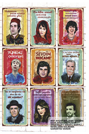 9 Parça Karışık Yazılı Ahşap Tablo Seti yeşilçam türk sineması sahneler replikler oyuncular poster