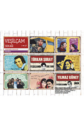 9 Parça Karışık Yazılı Ahşap Tablo Seti yeşilçam sokağı türk sineması oyuncular replikler
