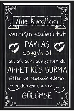aile kuralları tablosu kara tahta tebeşir görünümlü ev mutfak dekorasyon tablo retro ahşap poster